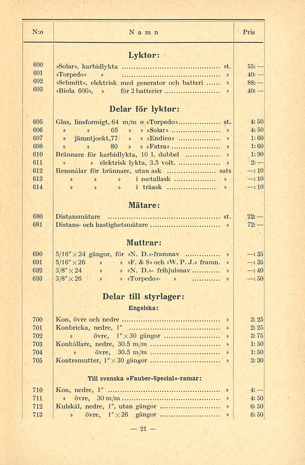 Lyktor: 600 Solar, karbidlykta st. 55: 601 Torpedo 40: 602 Schmitt, elektrisk med generator och batteri 88: 603 Biola 600, för 2 batterier 40: Delar för lyktor: 605 Glas, linsformigt, 64 o Torpedo st.