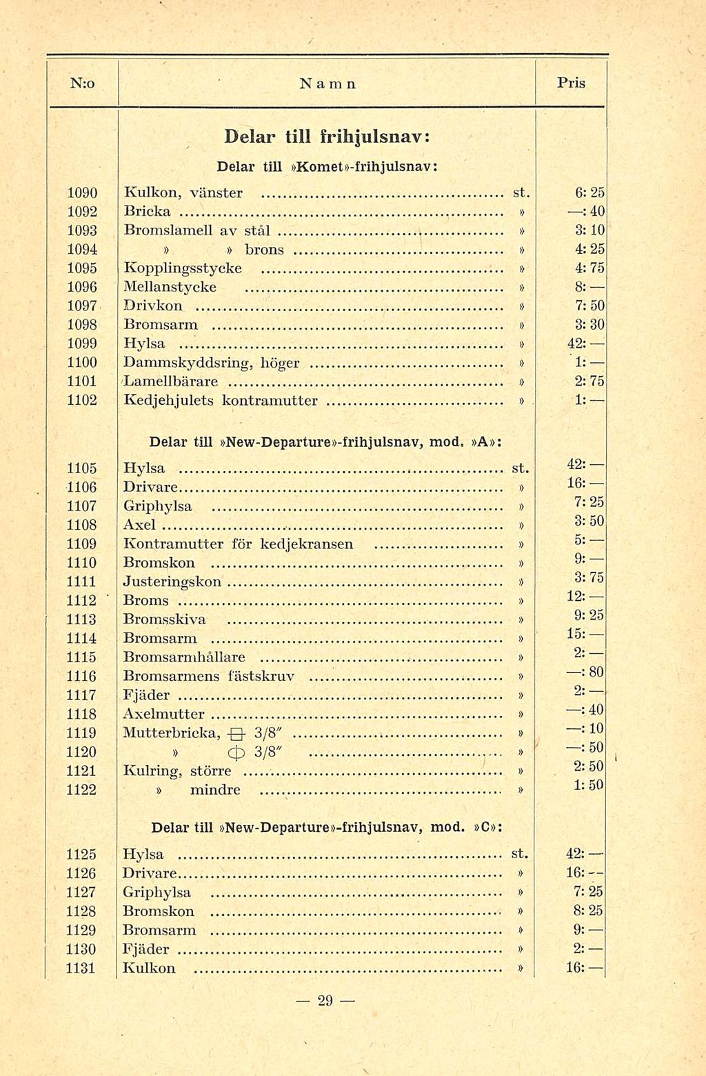 Delar till frihjulsnav: Delar till Komet-frihjulsnav: 1090 Kulkon, vänster st.