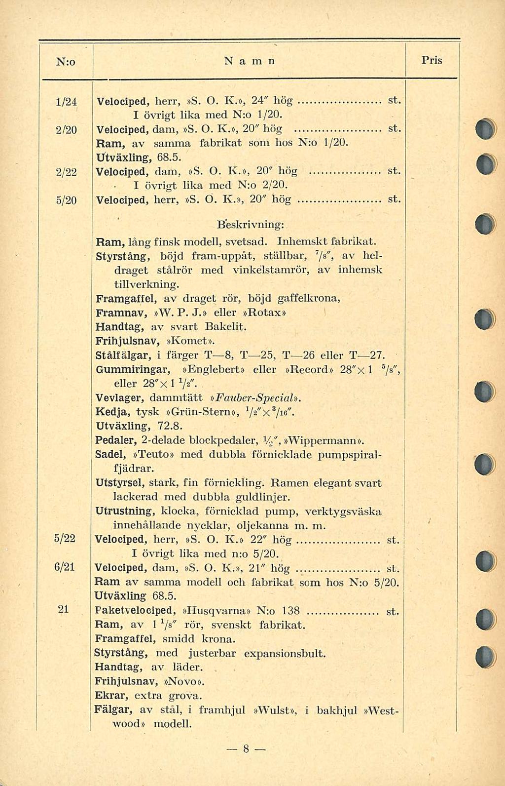 N:o Namn Pris /24 Velociped, herr, S. O. K., 24" hög st. I övrigt lika med N:o /20. 2/20 Velociped, dam, S. O. K., 20" hög st. Ram, av samma fabrikat som hos N:o /20. Utväxling, 68.5.