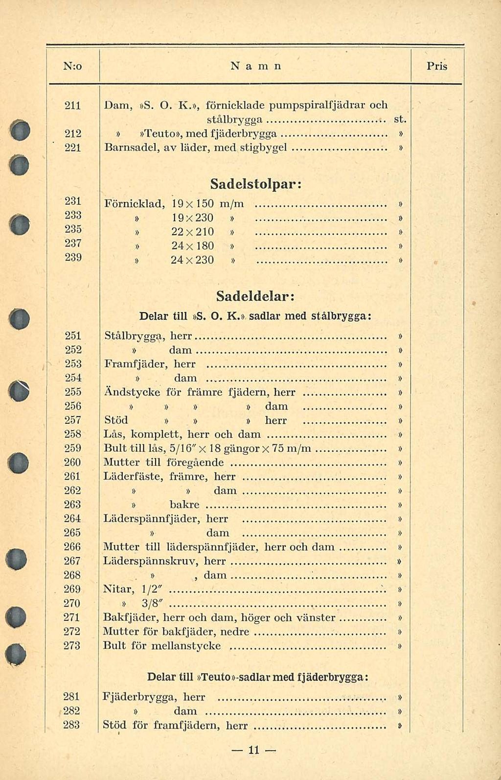 Läderspännfjäder, Mutter N:o Namn PRIS 2 Dam, S. O. K., förnicklade pumpspiralfjädrar och stå