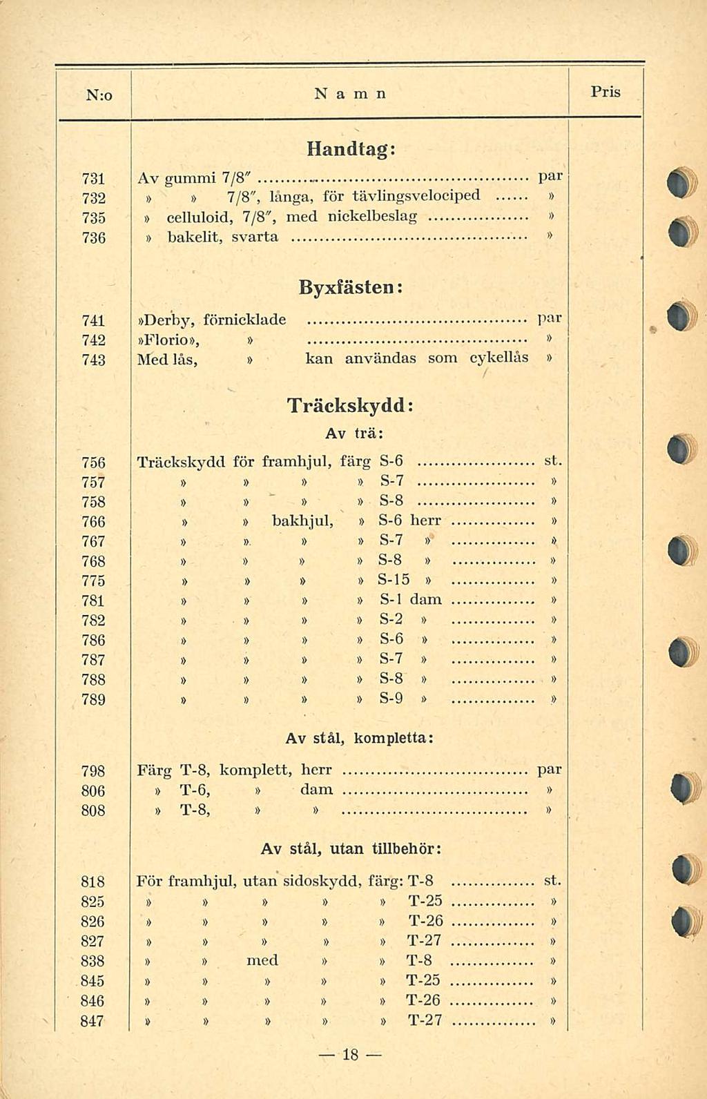 N;o Namn Pris Handtag: 73 Av gummi 7/8" par 732 7/8", långa, för tävlingsvelociped 735 celluloid, 7/8", med nickelbeslag 736 bakelit, svarta Byxfästen: 74 Derby, förnicklade par 742 Florio, 743 Med