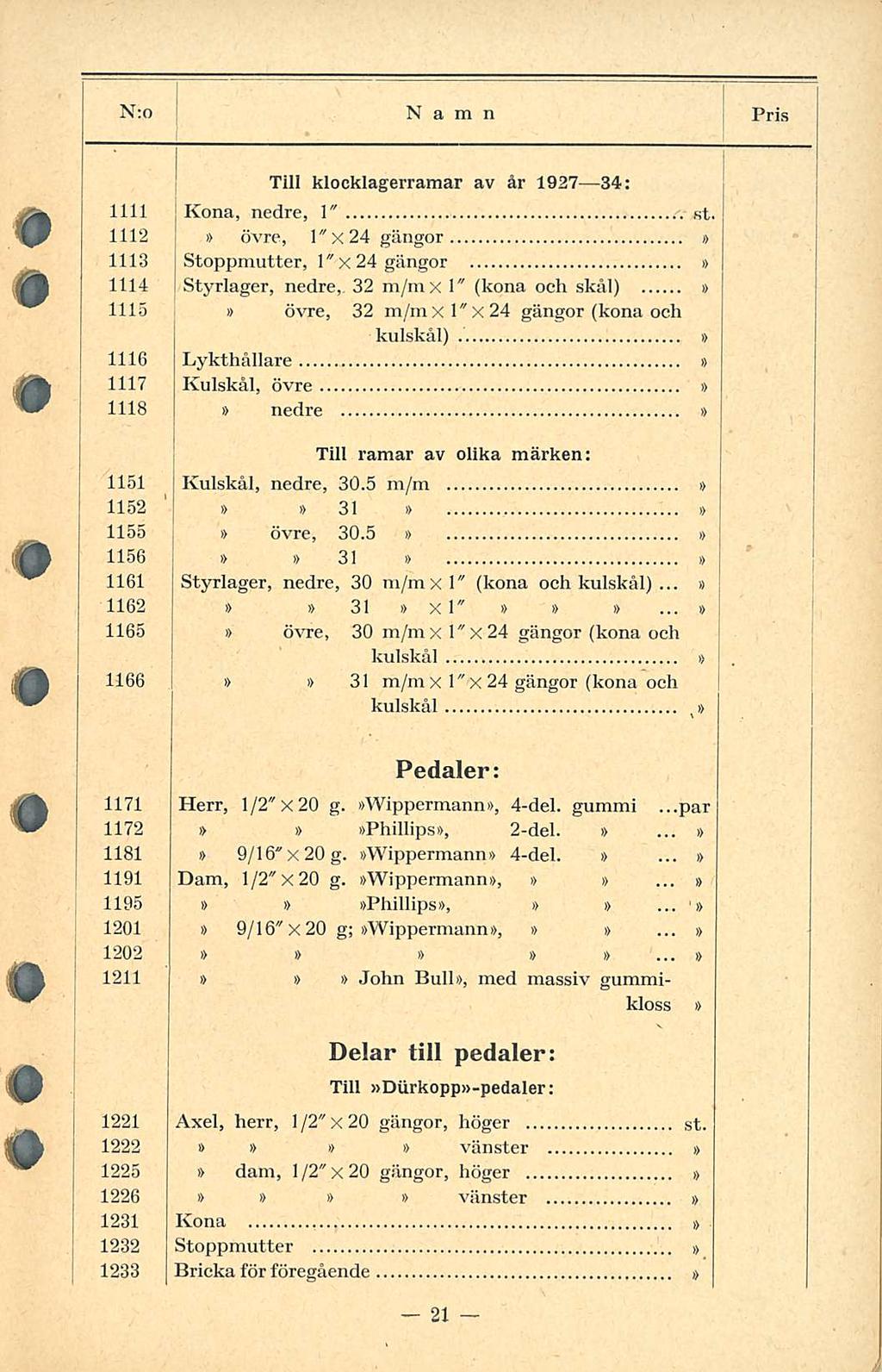 Stoppmutter, N;o Namn PRIS Till klocklagerramar av år 927 34; Kona, nedre, " r: st. 2 övre, "x24 gängor 3 l"x 24 gängor 4 Styrlager, nedre,.