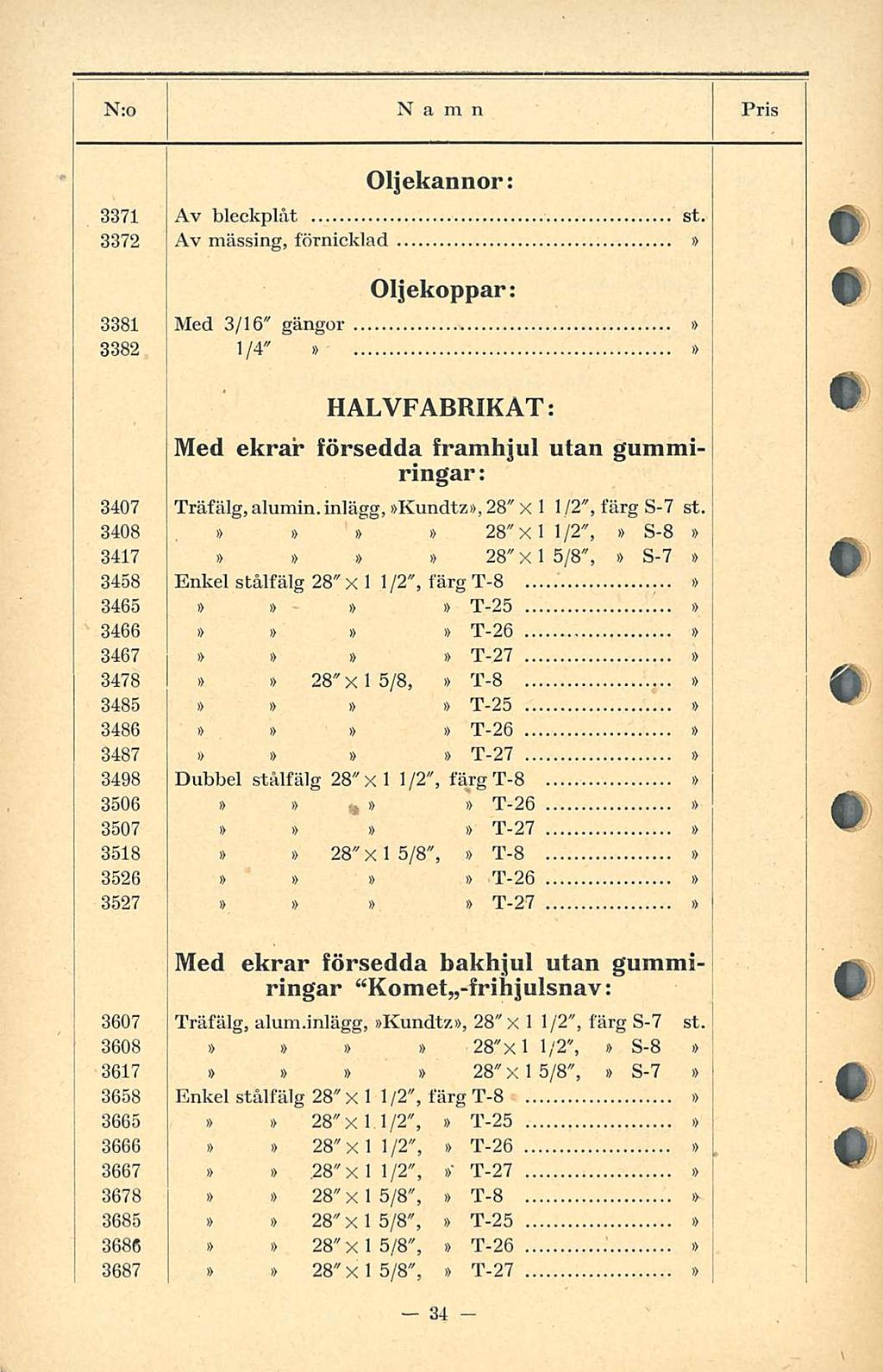 N:o Namn Pris Oljekannor: 337 Av bleckplåt st. 3372 Av mässing, förnicklad Oljekoppar: 338 Med 3/6" gängor 3382 /4" HALVFABRIKAT: Med ekrar försedda framhjul utan gummiringar : 3407 Träfälg, alumin.