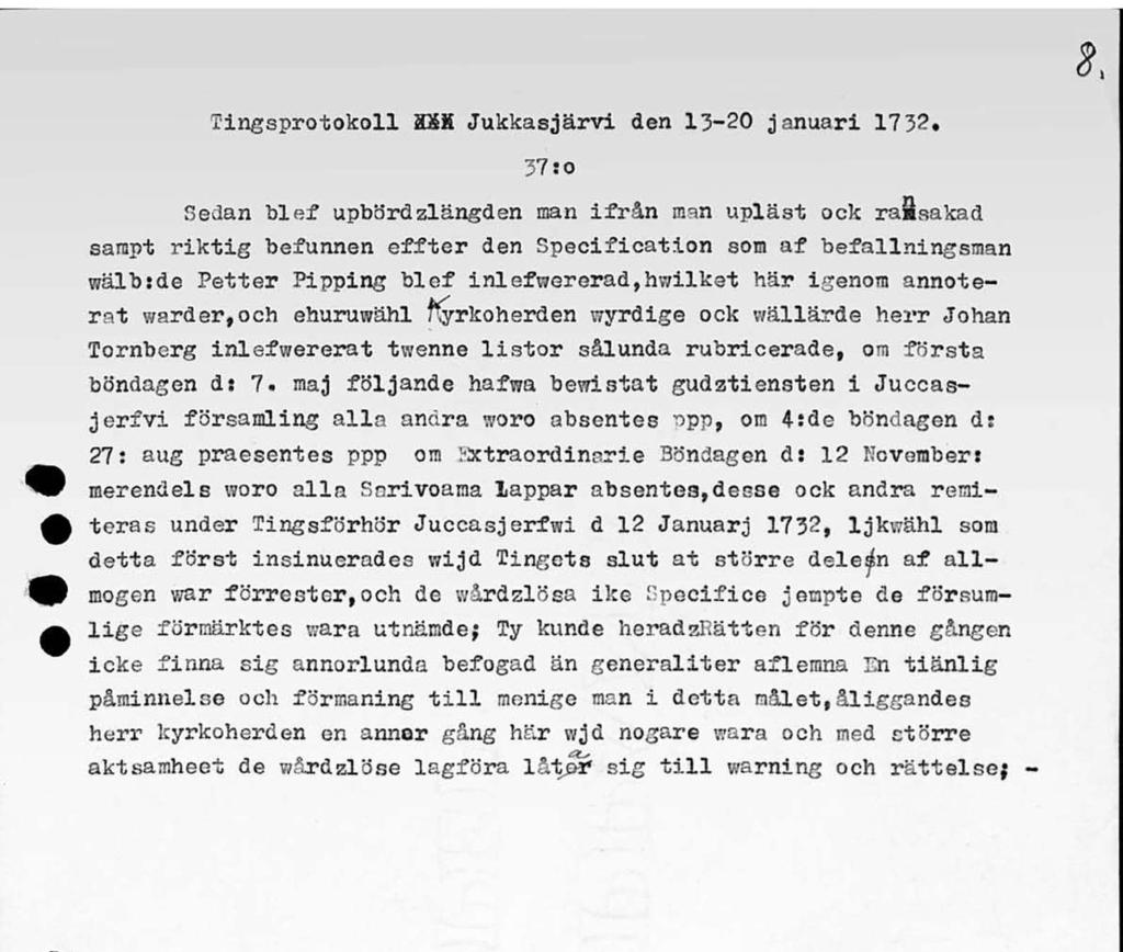 Tingsprotokoll MXK Jukkasjärvi den 13-20 januari 1732.