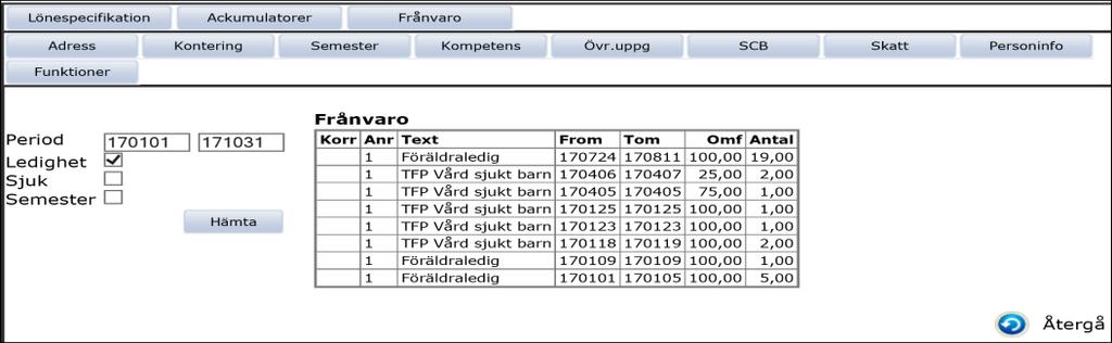 Adress Här finns adressuppgifter på den anställda Kontering Här kan man se det kst och den omfattning personens