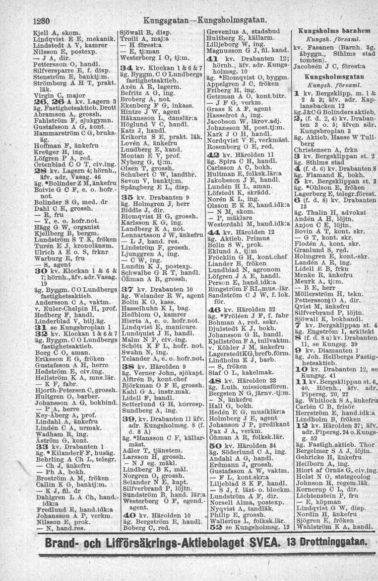 I. 1280 Kungsgatan - Kungsbolmegatan. Kjell A, skom. Sjöwall R, disp. Grevenius A, stadsbud Kung~holDls barnhem Lindqvist E E, mekanik. Troili A, maj:a Hultberg E, käflarrn, Kungsh.
