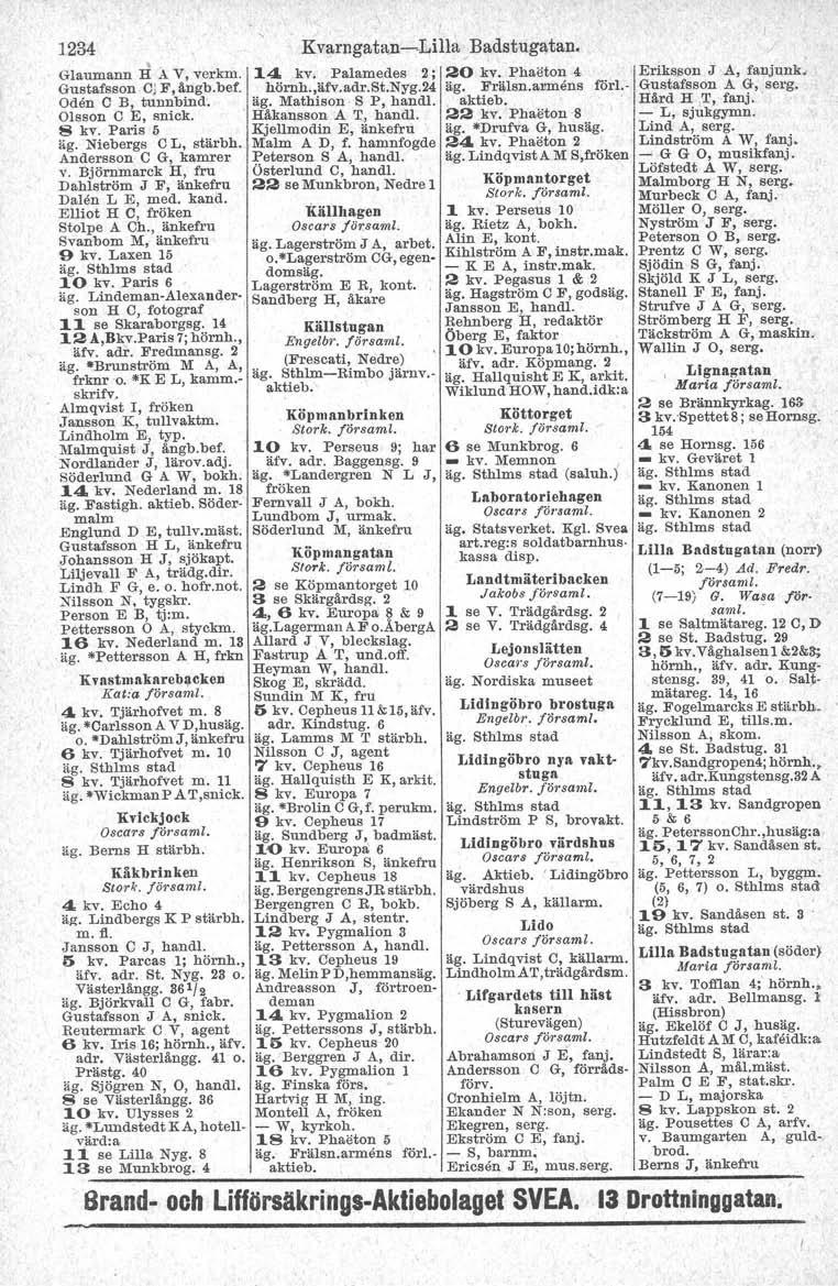 1234,. Glaumann H Å V, verkm. Gustafsson CJF, ängb.bef. Oden C B, tunnbind. Olsson C E, snick. 8 kv. Paris 5 äg. Niebergs CL, stärbh. Andersson C G, kamrer v.