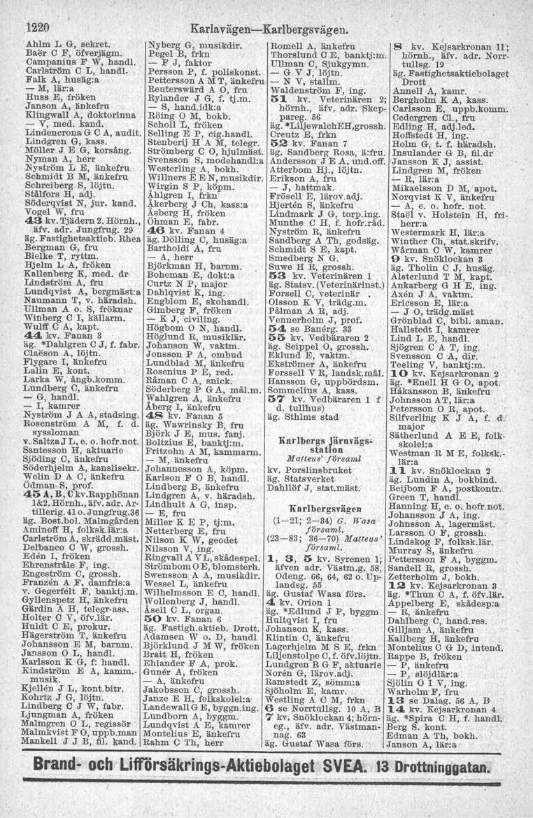 1220 Karlavägen- Karlbergsvägen. Ahlm L G, sekret. Nyberg G; musikdir. RomelI A, änkefru Baer C F, öfverjägm. Pegel B, frkn Thorslund C E, banktj:m. Campanius F W, bandl.