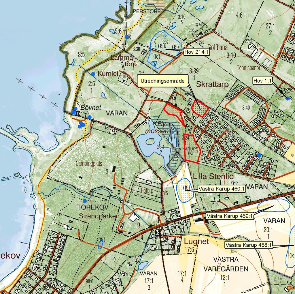 A B C Fig. 4. Kartan visar detaljplaneområdet på utdrag ur Fastighetskartan 62D 5fN Torekov. Område A-C visas med rött raster. Skala 1:10 000.