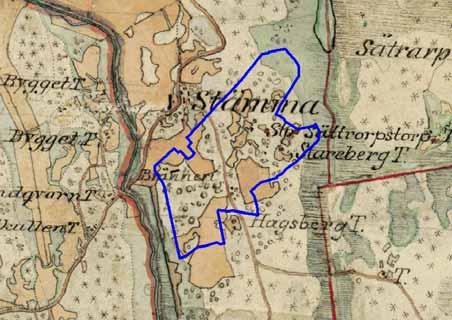 Häradskartan över Stämma och omgivningen visar landskapet vid mitten av 1800-talet. Lägg märke till de gamla åkrarna där även mossen sydost om mitten av bilden var uppodlad som åker.