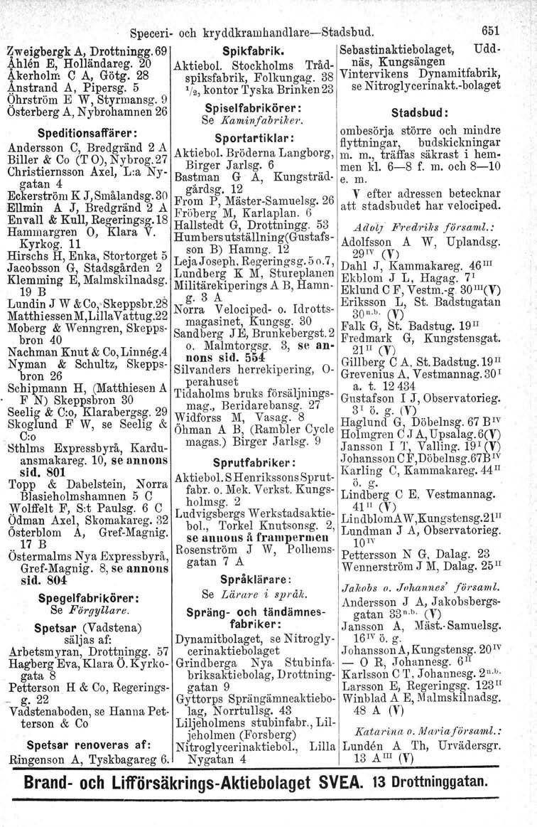 Speceri- och kryddkramhandlare-stadsbud. 651 Zweigbergk A, Drottningg.69 Spikfabrik. Sebastinaktiebolaget, Udd- 4.hlen E, Holländareg. 20 Aktiebol. Stockholms Tråd- näs, Kungsängen 4.