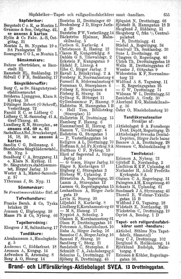 Såpfabrlker-s-I'apet- och rullgardinsfabrikörer samt -handlare, 655 Såpfabriker: Boström H, Drottninger 69 Sjöquist N. Drottningg.
