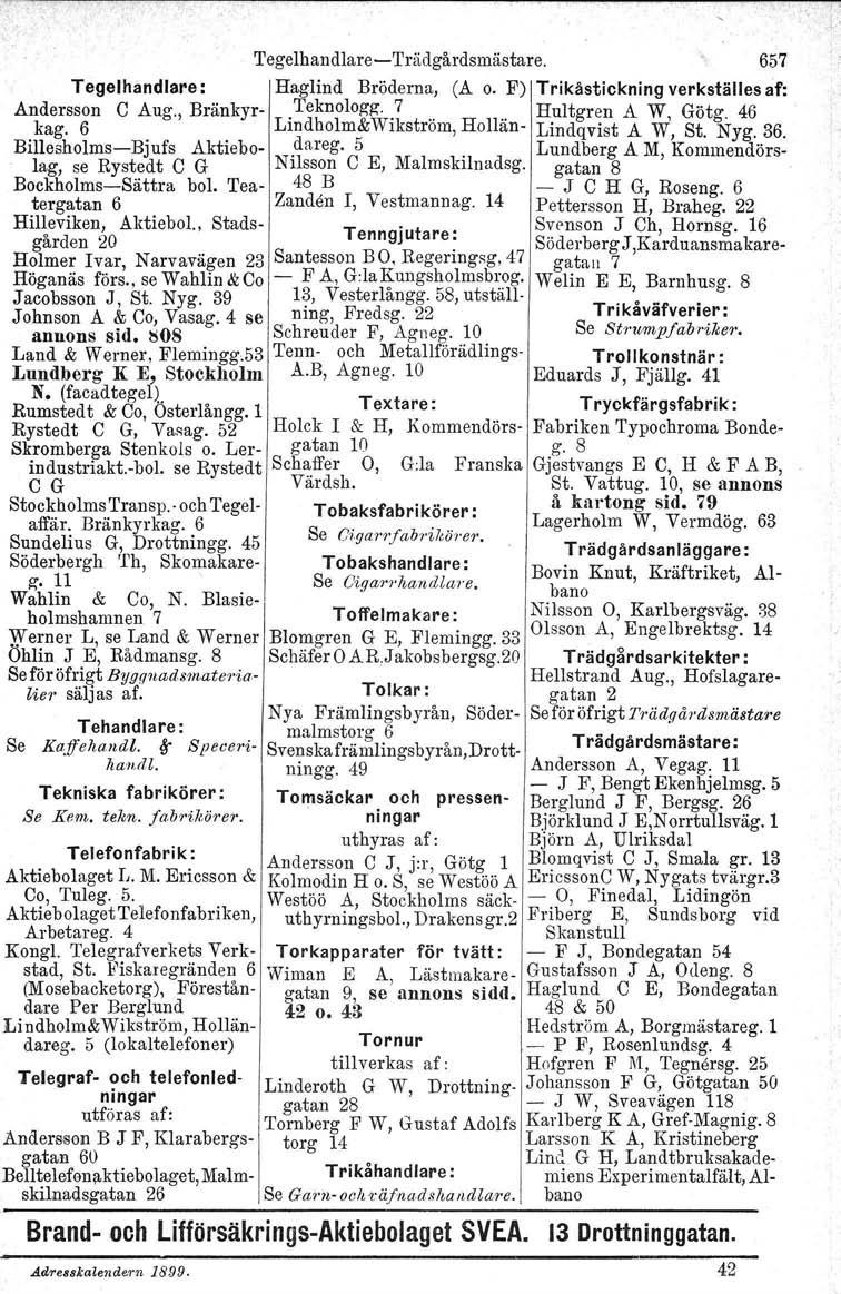 Tegelhandlare-Trädgårdsmästare. 657 Tegelhandlare : Haglind Bröderna, CA o. F) Trikåstickning verkställes af: Andersson C Aug., Bränkyr-.Teknolog'g'..7.... Hultgren A W, Götg. 46 kag.