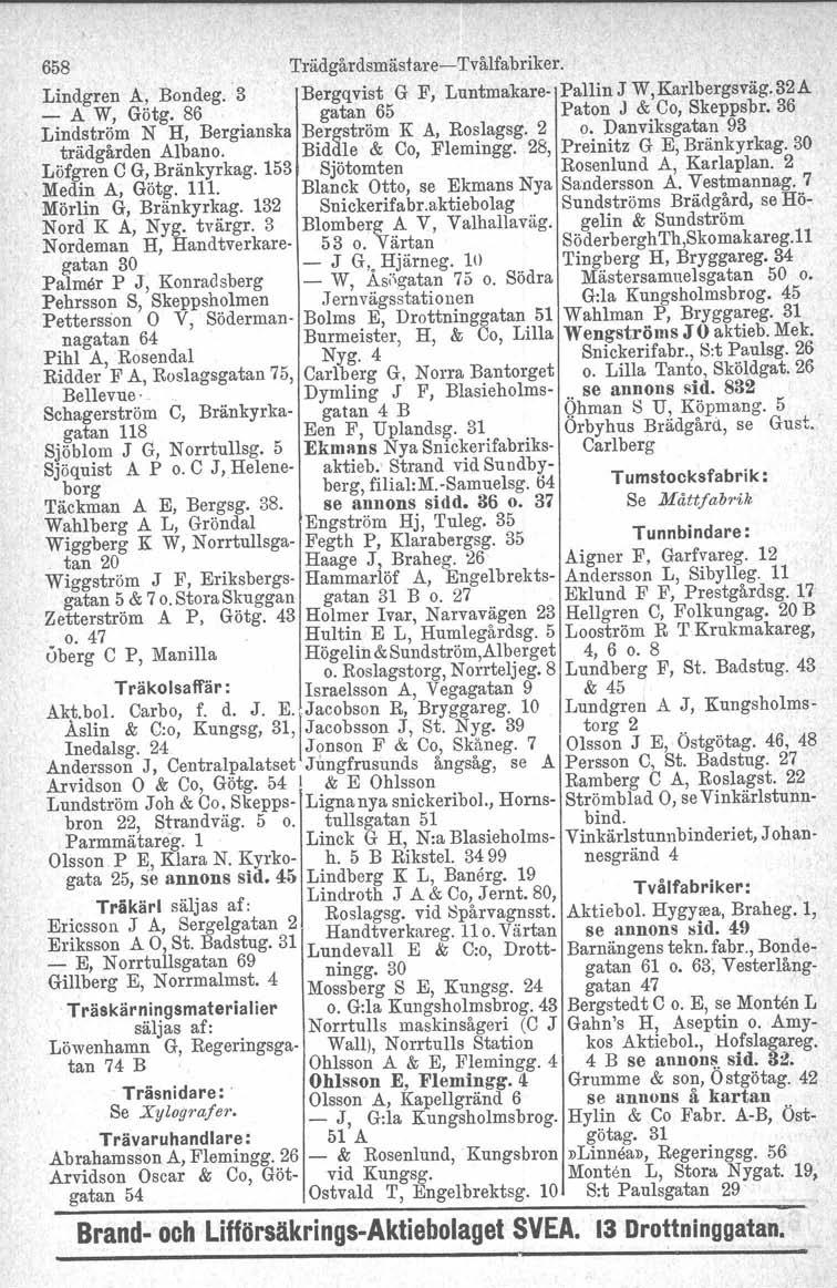 658 Trädgårdsmästare- Tvålfabriker. Lindgren A, Bondeg. 3 Bergqvist G F, Luatmakare- Pallin J W,Karlbergsväg.32A _ A W, Götg.