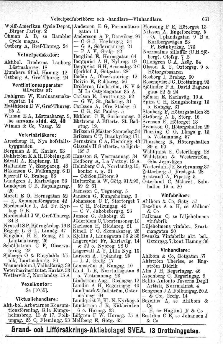 Velociped fabrikörer och -handlare- Vinhandlare. 66'1 WolJl'-Ainerikan Cycle Depot, Anderson E G, Parmmätare- Morssing F E, Hötorget 13'. Birger.Tarlsg. 2 gatan 11,Nilsson A, Erigelbrektsg.
