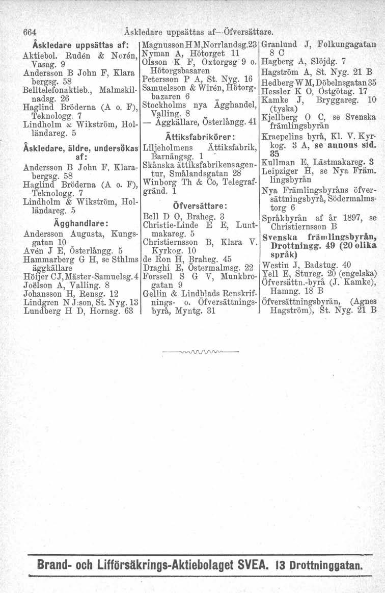 664 Åskledare uppsättas af- Öfversättare. Åskledare uppsättas af: Magnusson H M,Norrlandsg.23 Granlund J, Folkungagåtan Aktiebol. Buden & N oren Nyman A, Hötorget 11 8 C Vasag. 9 ' Olss.