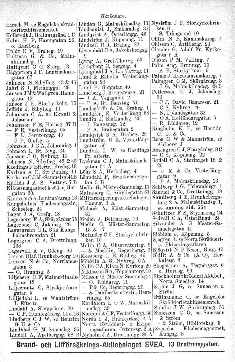 \ Skräddare. Hirsch M, se Engelska skräd- Linden G, Malmskilnadsg.ll Nyström J F, Storkyrkobrinderietablissementet Lindequist J,..Smålandsg.