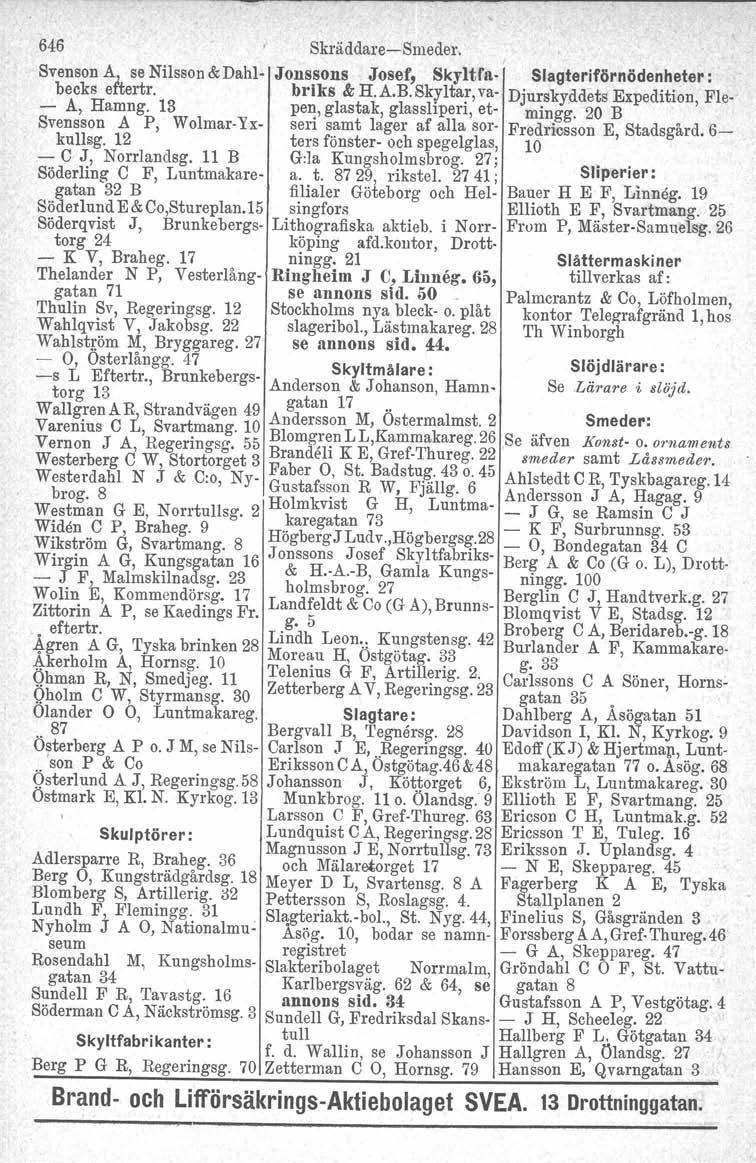646 Skräddare-Smeder. Svenson A, se Nilsson &Dahl- Jonssons Josef, Skyltfa. Slagteriförnödenheter: becks eftertr. brlks & H.A.B.Skylta!-', va- Djurskyddets Expedition, Ple- - A, Hamng. 13 pei!