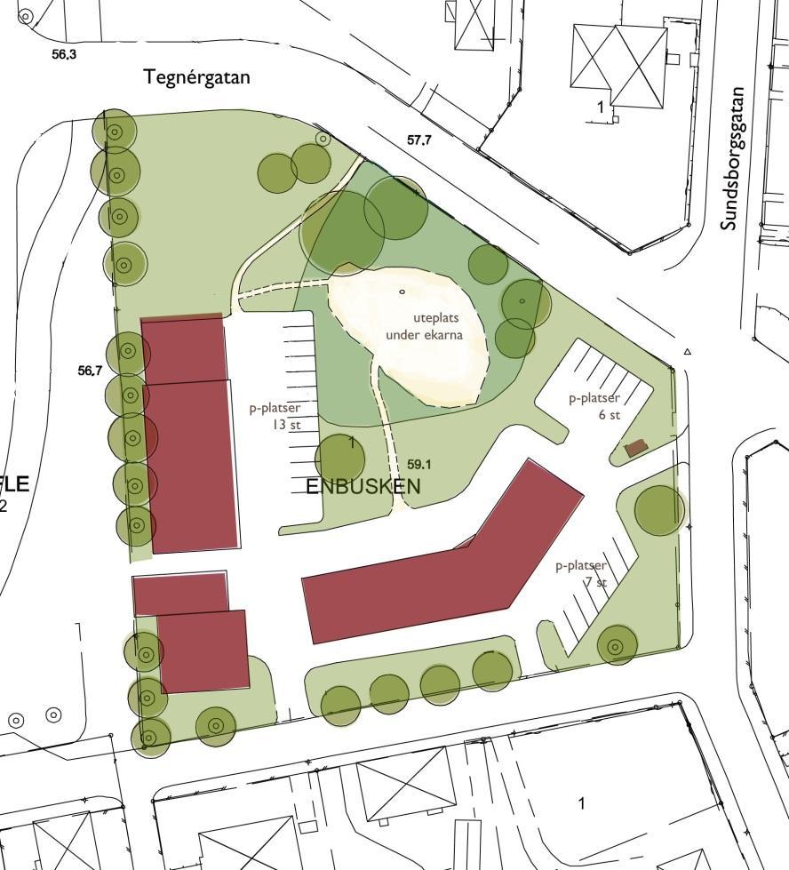 PLANFÖRSLAG NATUR Trädraden intill paviljongerna omfattas av generellt biotopskydd, då de är att räkna som allé.