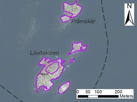 enskilda öar Arbetsinsats åtgång (1: <0,5 dv, 2: 0,5-1 dv, 3: >1 dv) Total areal 40415 Lövöskären & Pråmskär SE0610006 9 1 2,04 Beskrivning: Fågellokalen består av Lövöskären i söder och Pråmskär i