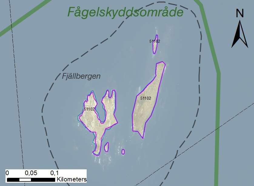 Arbetsinsats åtgång (1: <0,5 dv, 2: 0,5-1 dv, 3: >1 dv) Total areal enskilda öar 51102 Fjällbergen SE0610006 8 3 0,93 Beskrivning: Fjällbergen består av två mindre öar, ca 0,25 ha stora, där den
