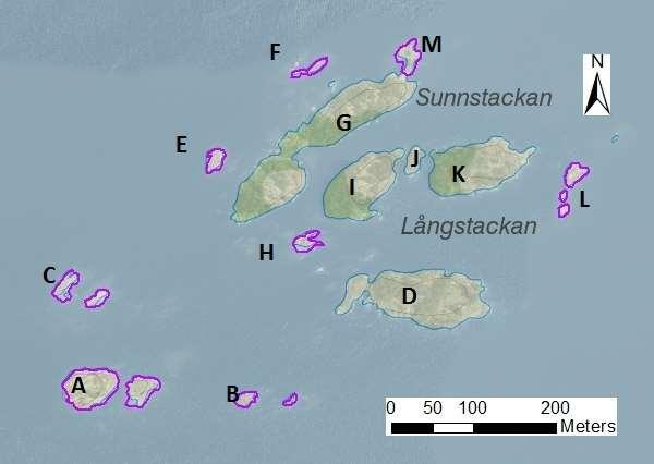 enskilda öar Arbetsinsats åtgång (1: <0,5 dv, 2: 0,5-1 dv, Total areal 3: >1 dv) 30412 Långstackan och Sunnstackan SE0610001 8 3 0,77 Beskrivning: Lokalen utgörs av fyra glest skogklädda holmar (tall