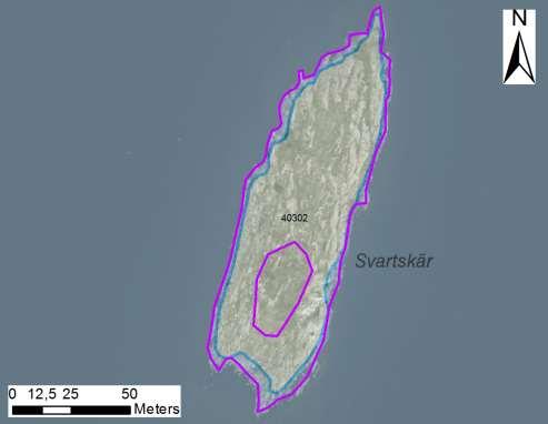 enskilda öar Arbetsinsats åtgång (1: <0,5 dv, 2: 0,5-1 dv, 3: >1 dv) Total areal 40302 Svartskär SE0610006 1 1 0,60 Beskrivning: I Åsfjorden friliggande klippskär med döda träd efter skarvhäckning på