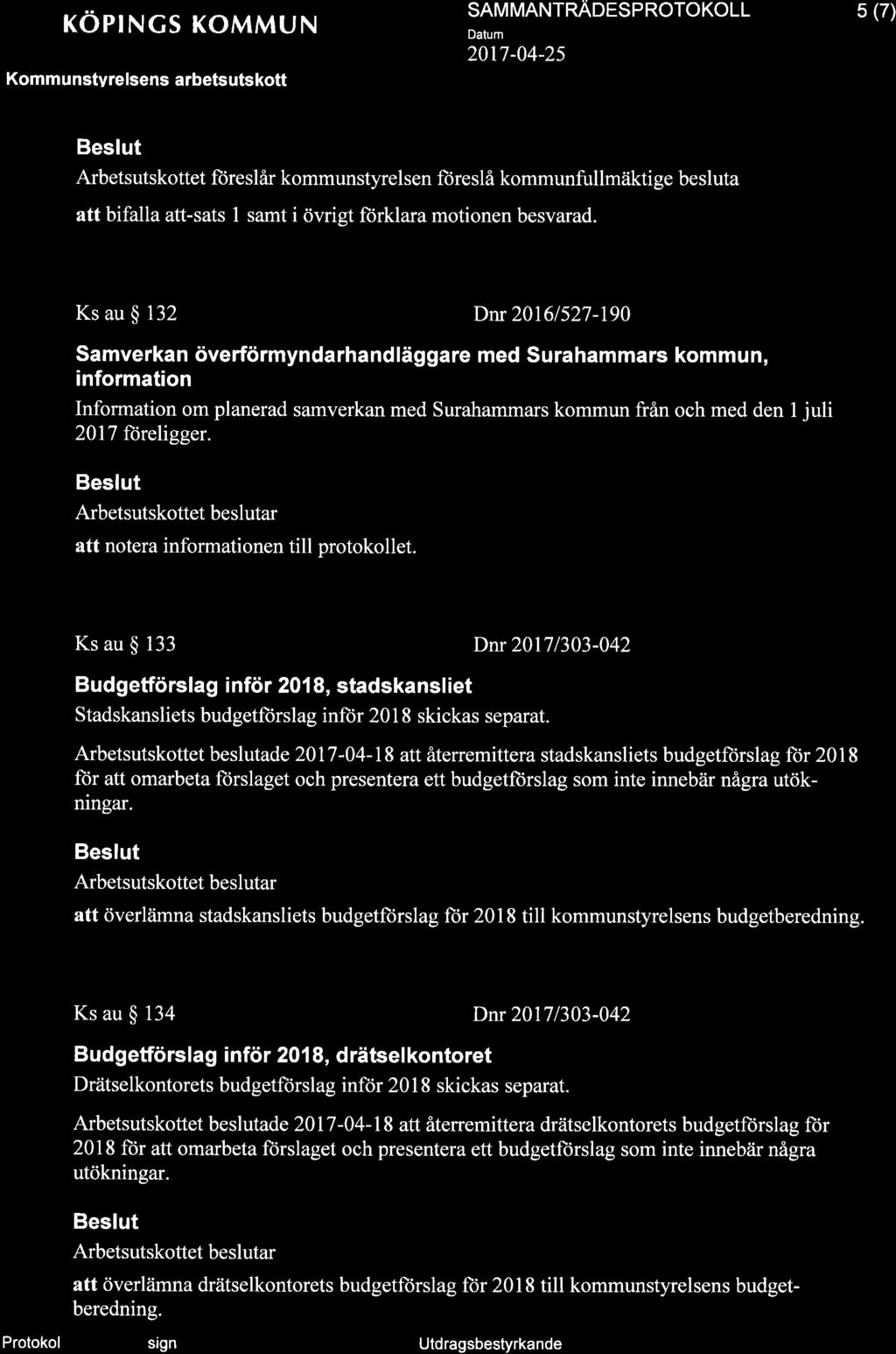 KOPINGS KOMMUN Kommunstvrelsens arbetsutskott SAM MANTRÄOESPROTOKOLL 20t7-04-2s 5 (7) Arbetsutskottet ftireslår kommunstyrelsen ftjreslå kommunfullmäktige besluta att bifalla att-sats I samt i övrigt
