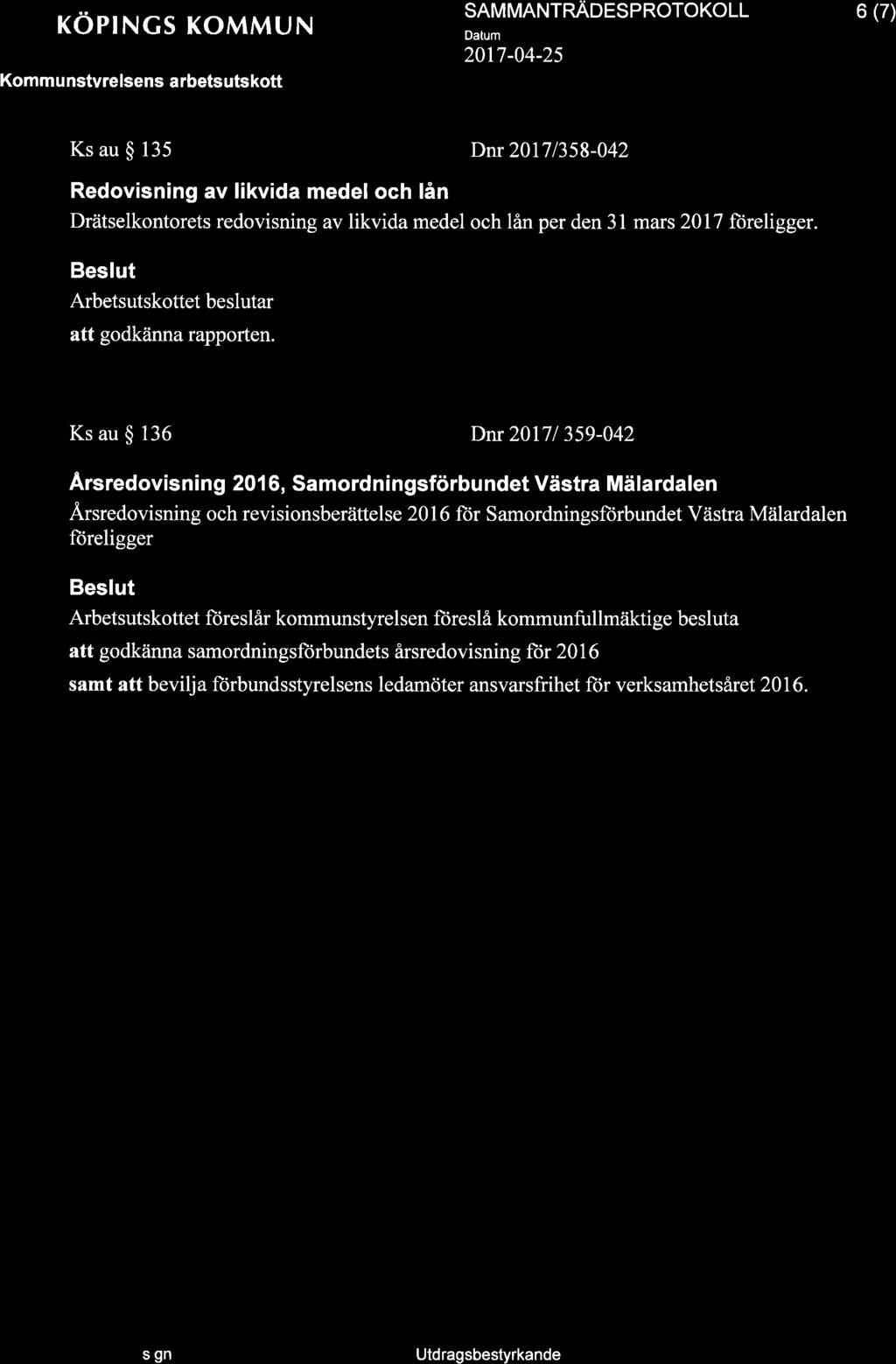 röpings KoMMUN Komm u nstvrelsens a rbetsuts kott Ks au $ 135 SAMMANTRAOTSPNOTOKOLL 2017-04-25 Dnr20l7l358-042 6 (7) Redovisning av likvida medel och lån Drätselkontorets redovisning av likvida medel