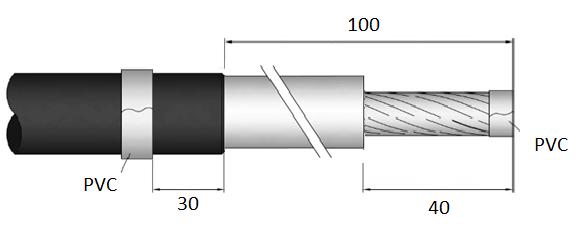 Vik tillbaka skärmtrådarna och fäst dem med PVC-tejp 2) Tag bort 100 mm av det yttre ledande skiktet på varje