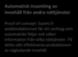 Suomi.fi-nättjänsten: april juni 2019 Vägkartan preciseras när arbetet fortskrider Snabbare uppdatering av Suomi.fitjänstens innehåll från Servicedatalagret. Förutsätter att båda tjänsterna utvecklas.