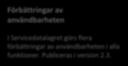Suomi.fi-servicedatalagret: januari mars 2019 Förbättringar av användbarheten I Servicedatalagret görs flera förbättringar av användbarheten i alla funktioner. Publiceras i version 2.3.