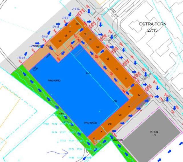 dagvattenfördröjningsdammarna i Kunskapsparken. Kvarteren kommer att kunna anslutas via dagvattenserviser till huvudstråket. Figur ur skyfallsutredning.