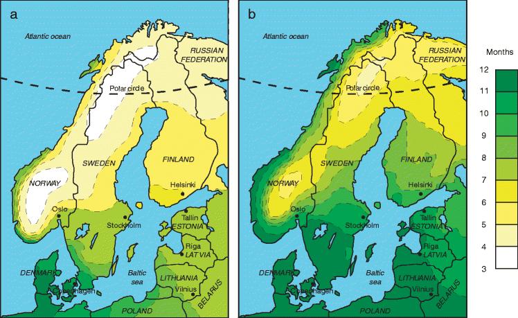 Förutsägelse av varmare klimat i norra Europa Antal månader med en dygnsmedeltemperatur över +5 C för åren 1961 1990 (a) och