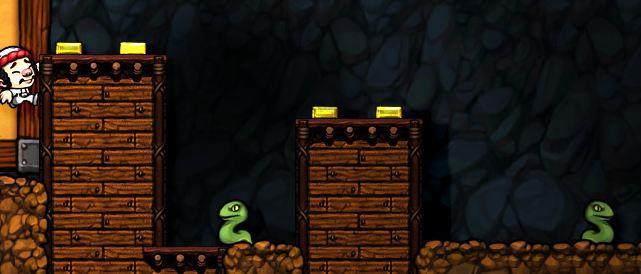 Figur 11: Introduktion till monster från spelet Spelunky. Diamanter Vid inlärningen av styrmekaniken hoppa långt (Bilaga 3 - Spelunky styrmekanik 5) hoppar spelaren upp på en plattform.