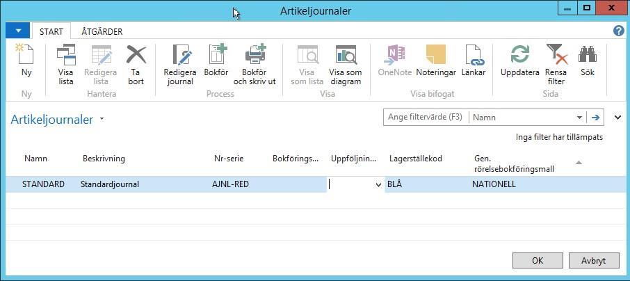 5. Lager Defaultvärden på artikeljournalnamn För att underlätta registreringen av poster i en artikeljournal så har vi kompletterat artikeljournalnamnet med