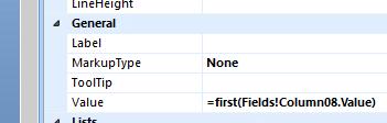 value), ändra kolumn 9 till =first(fields!column09.value) Ändra TextAlign från =Code.