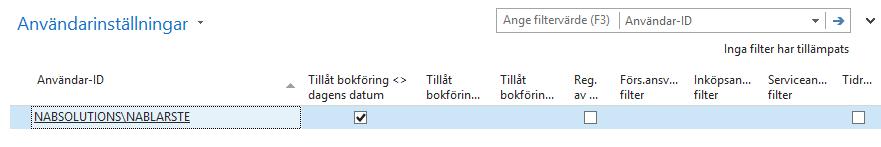 Hitta funktionen Avdelningar/Administration/Programinställningar/Användare/An vändarinställningar Använda funktionen För att datumen som anges i fälten Tillåt bokföring fr.o.m och Tillåt bokföring t.