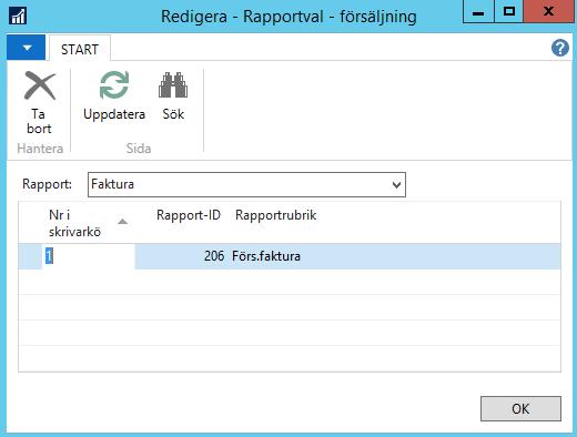 Skriv ut dokument separerade Rapportval ifrån menyn Om man önskar att skriva ut fler dokument på en gång till en skrivare, rekommenderas att använda funktionen där det går att välja fler dokument men