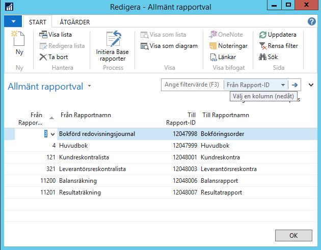 Fält Företag Användar-ID Från rapport-id Till rapport-id Funktion Om rapporten skall styras per företag anges företagsnamnet här. Om inte företaget finns med så används det blanka raden.