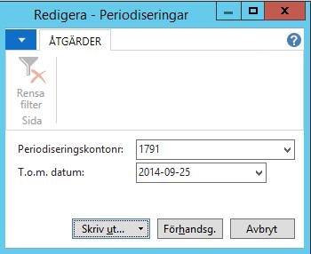 Rapporten skrivs ut en gång för varje periodiseringskonto. Gör därför val av konto och ange T.o.m. vilket datum som ni vill att rapporten skall omfatta. I exemplet använder vi en bokning av en hyra.