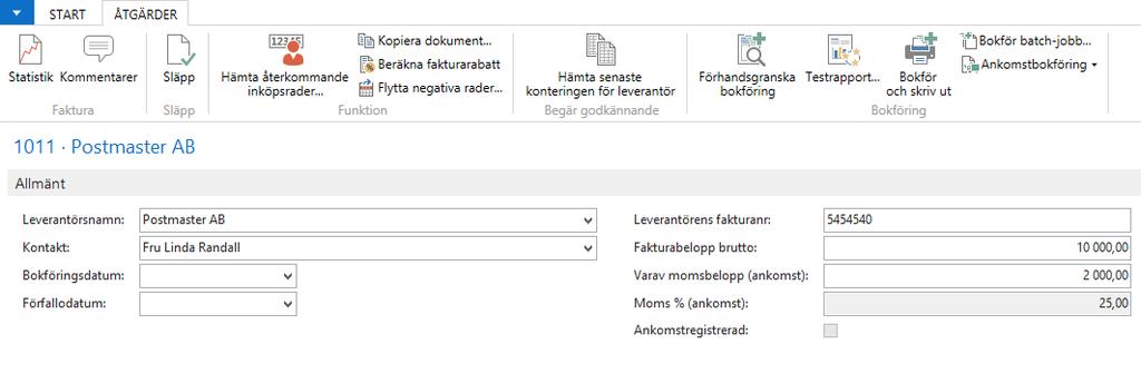 Bokföringen skapar upp dokumenten samt bokför ankomstbokföringen. De här fälten behövs på ankomstregistreringen.