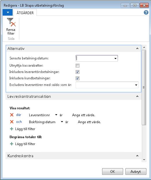 Vill du begränsa vilka leverantörer och reskontraposter som ska komma med i utbetalningsförslaget, kan ytterligare filter anges.