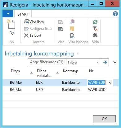 Fält Filtyp Filens valutakod Kontotyp Nr Funktion Här kan man välja BG Max eller Total In. Inställningen görs beroende på vilken fil som används för inläsning.