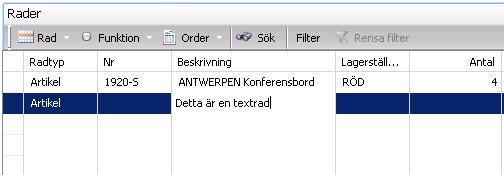 Registrera textrader på inköpsdokument När du på försäljningsdokument registrerar textrader så har vi underlättat registreringen på så sätt att du slipper välja radtypen blank för att kunna skriva