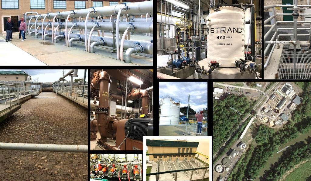 på membranen) vilket medförde att en travers rasade rakt över förvaringstanken för natriumhypoklorit. Bilder: se Figur 3.5. Figur 3.5 Bilder från Ballenger McKinney WWTP. Mer information: http://www.