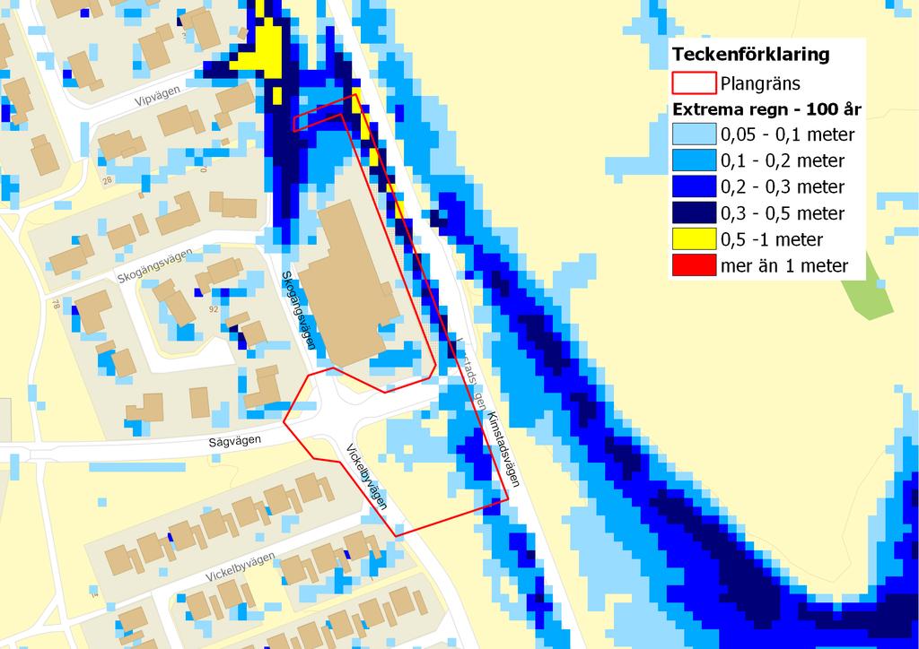 22(37) Inom delar av planområdet finns det risk för att vatten blir stående vid extrema regn. Figur 13: 100-årsregn, maximalt vattendjup. Modellering utförd 2017 med en klimatfaktor på 1,25.