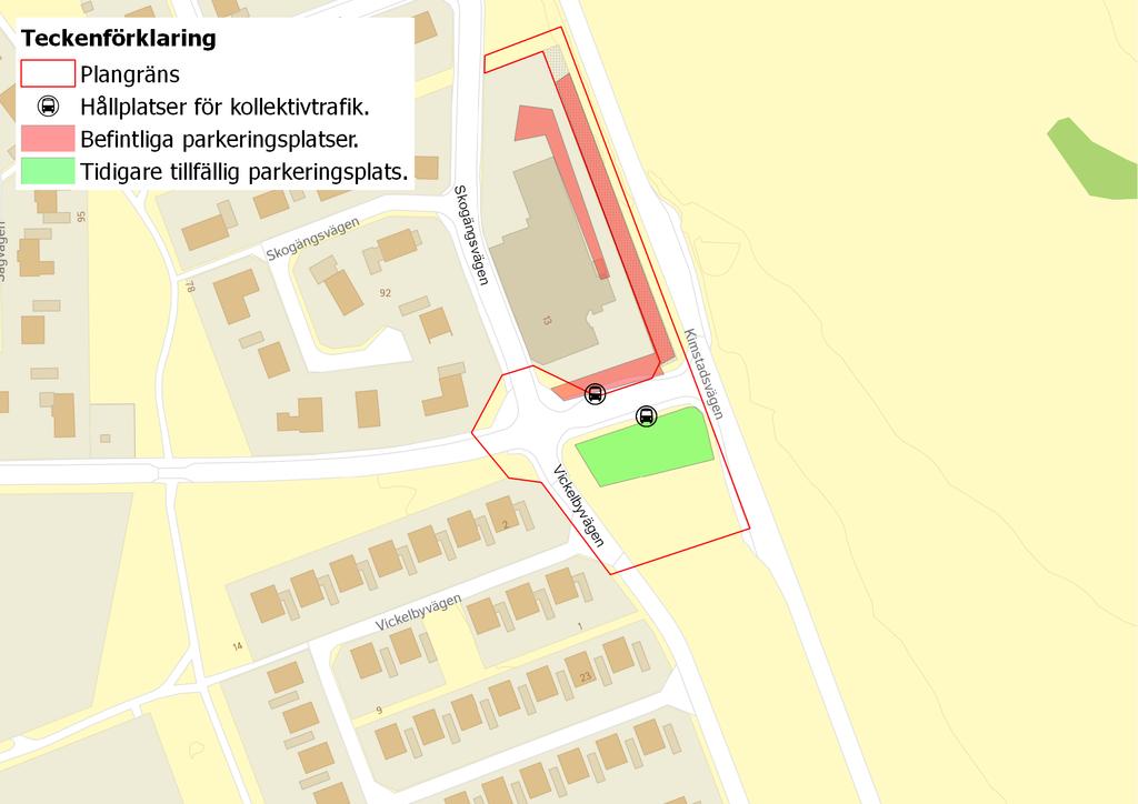 8(37) Figur 4: Kartan visar befintliga parkeringsplatser i rött, tidigare parkeringsplats i grönt (tillfälligt bygglov från 2013-04-17 till 2014-04-17 på grund av ombyggnation) och busshållplatser.