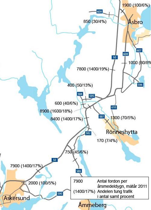 Trafikmängder år 2011 respektive prognosår 2035. Delar av den aktuella sträckan på väg 50 trafikeras av länstrafikens linje 704, 708, 755 och 841.