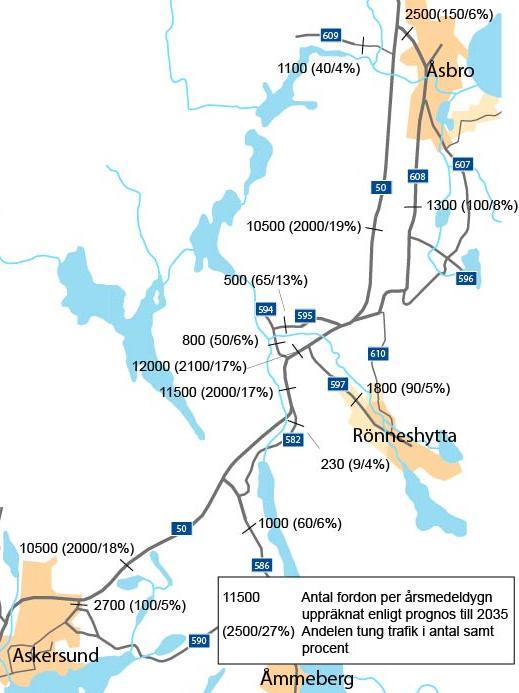 Linjehållplatser finns endast söder om avfarten mot Rönneshytta. Hållplatserna har låg standard och är bara markerade med en hållplatsskylt vid vägkanten.